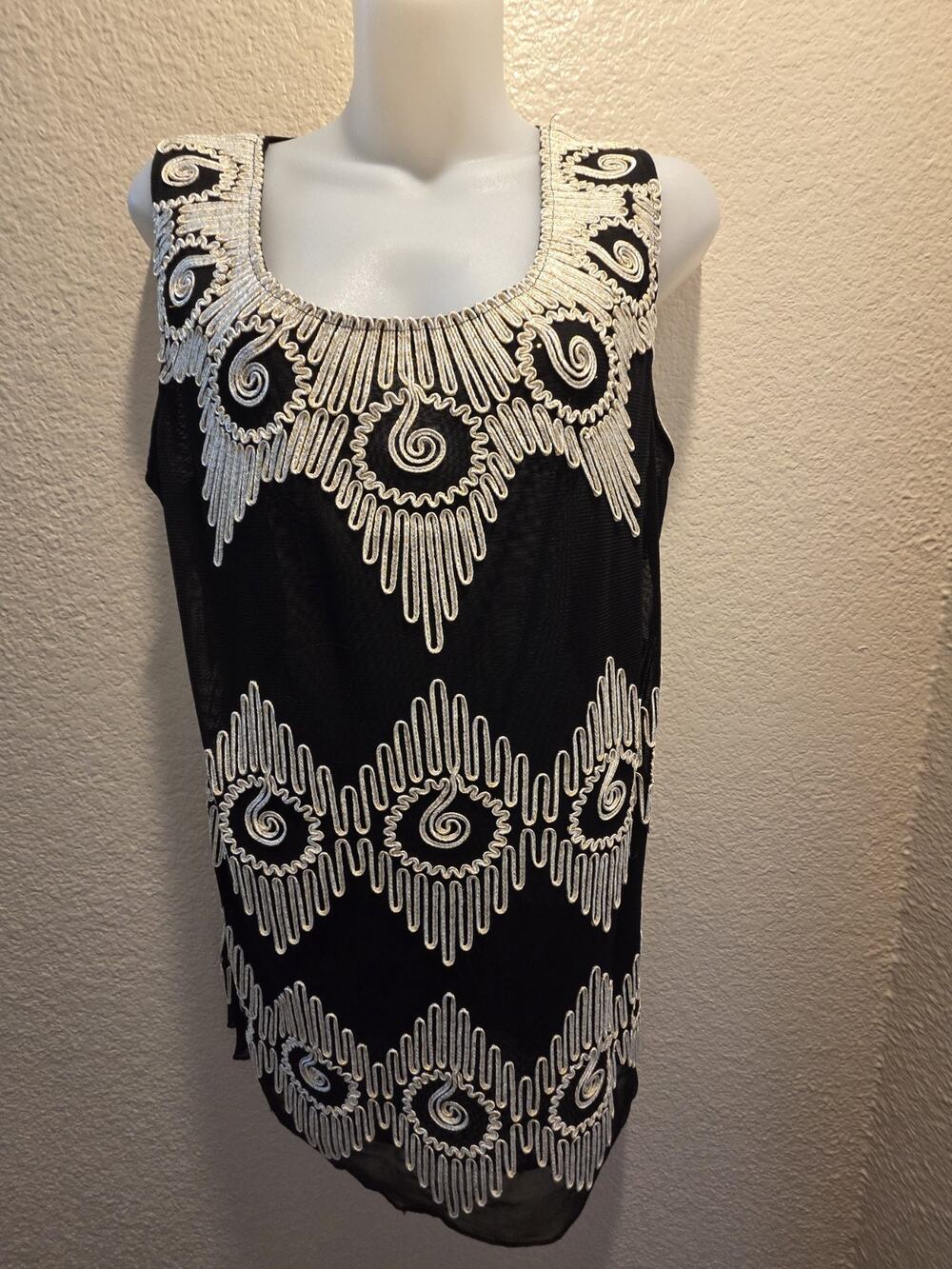 Forgotten Grace embellished metallic tank top with sheer mesh back. Size large